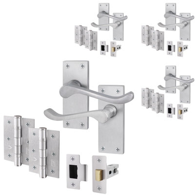 AFIT Satin Chrome Traditional Victorian Scroll Door Handle Set - Pack 4 - Internal Door Handles, Latch ( 64mm) & Hinges (76mm)