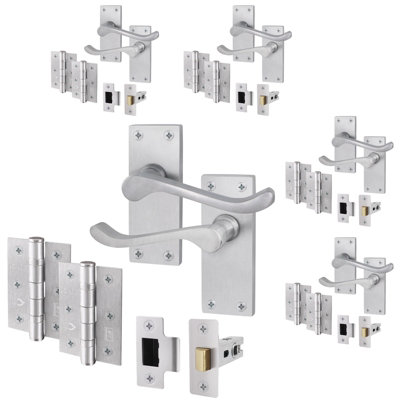 AFIT Satin Chrome Traditional Victorian Scroll Door Handle Set - Pack 5 - Internal Door Handles, Latch ( 64mm) & Hinges (76mm)