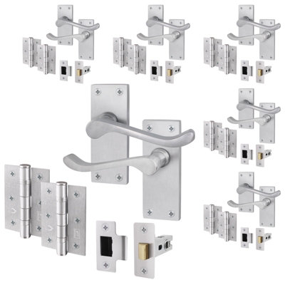 AFIT Satin Chrome Traditional Victorian Scroll Door Handle Set - Pack 6 - Internal Door Handles, Latch ( 64mm) & Hinges (76mm)