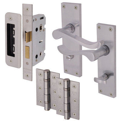 AFIT Satin Chrome Victorian Scroll Bathroom Door Handle Set - Pack 2 - Internal Door Handles, Lock (64mm) & Hinges (76mm) Price Comparisons | Compare The Build