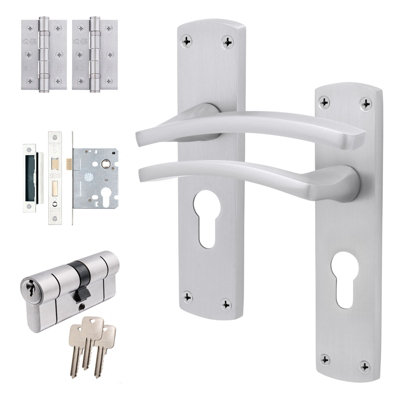 AFIT Satin Door Handle Euro Lock and Cylinder Set, Satin Chrome ...