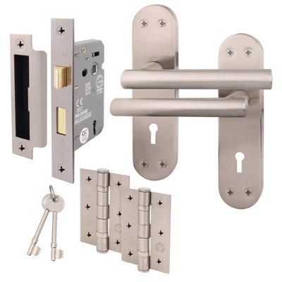 AFIT Satin Door Handle Key Lock Set - 1 Pair Internal T-Bar Handles on Backplate, Hinges 76mm & SashLock 64mm - Olvera Range
