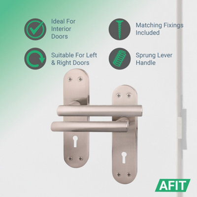 AFIT Satin Door Handle Key Lock Set - 1 Pair Internal T-Bar Handles on Backplate, Hinges 76mm & SashLock 64mm - Olvera Range