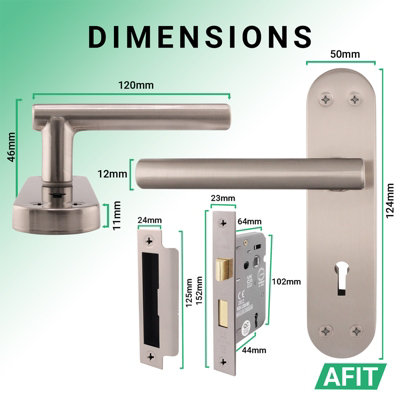 AFIT Satin Door Handle Key Lock Set - 1 Pair Internal T-Bar Handles on Backplate, Hinges 76mm & SashLock 64mm - Olvera Range