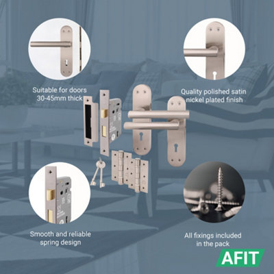 AFIT Satin Door Handle Key Lock Set - 1 Pair Internal T-Bar Handles on Backplate, Hinges 76mm & SashLock 64mm - Olvera Range