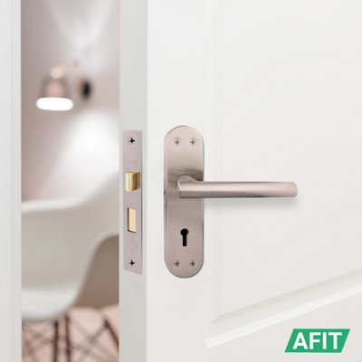 AFIT Satin Door Handle Key Lock Set - 1 Pair Internal T-Bar Handles on Backplate, Hinges 76mm & SashLock 64mm - Olvera Range