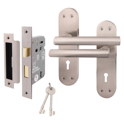 AFIT Satin Door Handle Key Lock Set - 1 Pair Internal T-Bar Handles on Backplate with Sash Lock (64mm) - Olvera Range