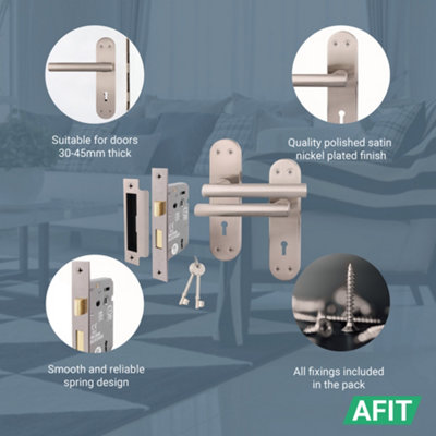 AFIT Satin Door Handle Key Lock Set - 1 Pair Internal T-Bar Handles on Backplate with Sash Lock (64mm) - Olvera Range