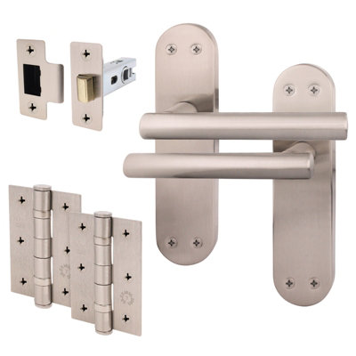 AFIT Satin Door Handle Latch Set - 1 Pair Internal T-Bar Handles on Backplate, Hinges 76mm & Latch 64mm - Olvera Range