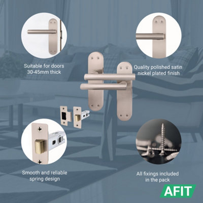 AFIT Satin Door Handle Latch Set - 1 Pair Internal T-Bar Handles on Backplate & Latch (64mm) - Olvera Range