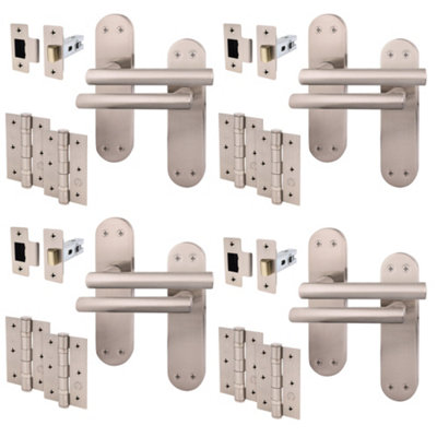 AFIT Satin Door Handle Latch Set - 4 Pairs Internal T-Bar Handles on Backplate, Hinges 76mm & Latches 64mm - Olvera Range