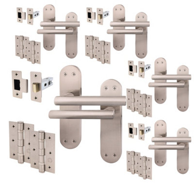 AFIT Satin Door Handle Latch Set - 5 Pairs Internal T-Bar Handles on Backplate, Hinges 76mm & Latches 64mm - Olvera Range