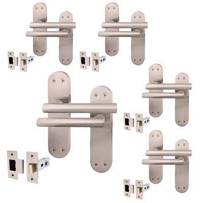 AFIT Satin Door Handle Latch Set - 5 Pairs Internal T-Bar Handles on Backplate & Latches (64mm) - Olvera Range