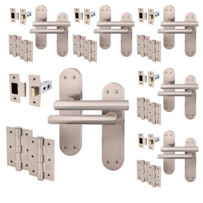 AFIT Satin Door Handle Latch Set - 6 Pairs Internal T-Bar Handles on Backplate, Hinges 76mm & Latches 64mm - Olvera Range