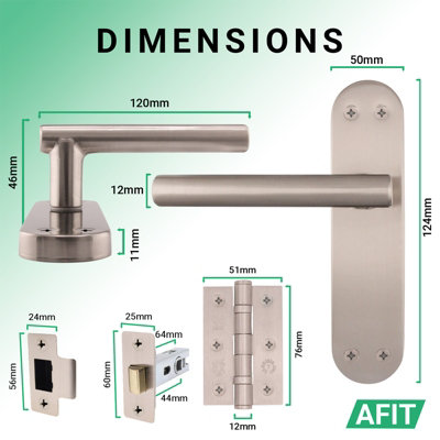 AFIT Satin Door Handle Latch Set - 6 Pairs Internal T-Bar Handles on Backplate, Hinges 76mm & Latches 64mm - Olvera Range