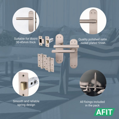 AFIT Satin Door Handle Latch Set - 6 Pairs Internal T-Bar Handles on Backplate, Hinges 76mm & Latches 64mm - Olvera Range