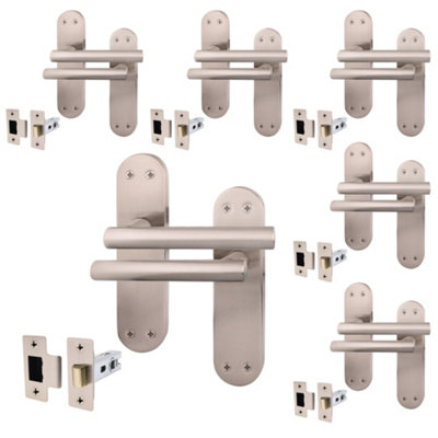AFIT Satin Door Handle Latch Set - 6 Pairs Internal T-Bar Handles on Backplate & Latches (64mm) - Olvera Range