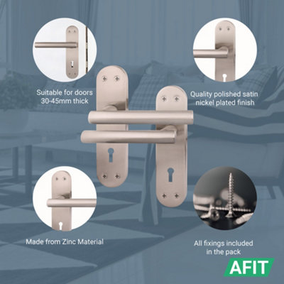 AFIT Satin Door Handles for Key Lock - 1 Pair Internal T-Bar Handles on Backplate - Olvera Range