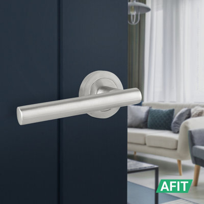AFIT Satin Door Handles Round Rose with Latch, 1 Pair of Satin