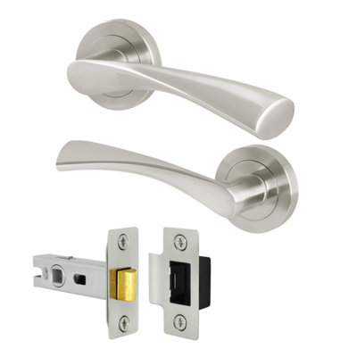 AFIT Satin Door Handles Round Rose with Latch, 1 Pair of Satin Nickel Internal Handles, Latch (64mm) - Novi Range
