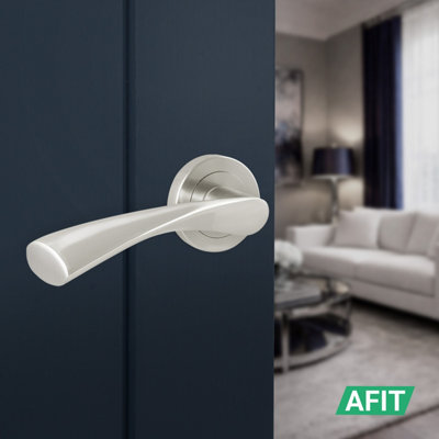 AFIT Satin Door Handles Round Rose with Latch, 1 Pair of Satin Nickel Internal Handles, Latch (64mm) - Novi Range