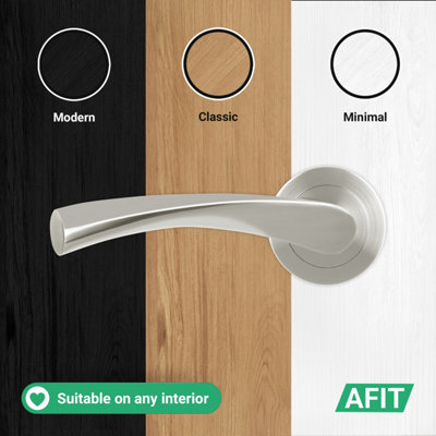 AFIT Satin Door Handles Round Rose with Latch, 1 Pair of Satin Nickel Internal Handles, Latch (64mm) - Novi Range