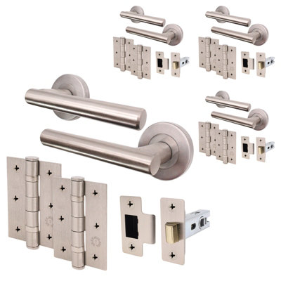 AFIT Satin Door Handles Round Rose with Latch and Hinges T-Bar 4 Pair Olvera Range Price Comparisons | Compare The Build