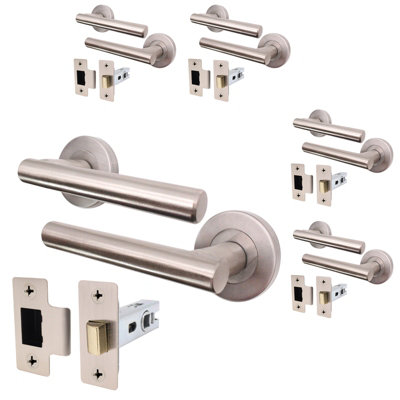 AFIT Satin Door Handles Round Rose with Latch T-Bar 5 Pair Olvera Range Price Comparisons | Compare The Build