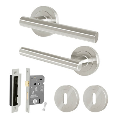 AFIT Satin Lock Door Handle Round Rose Set, 1 Pair of Internal Lever ...