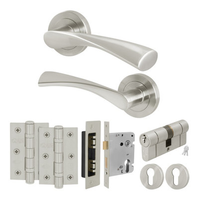 AFIT Satin Lock Door Handle Round Rose Set, 1 Pair of Satin Nickel ...