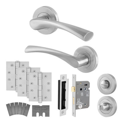 AFIT Satin Nickel Bathroom Door Handle Kit - Fire Rated FD30/60, 1 Pair of Internal Handles, Lock 80mm, Hinges - Novi