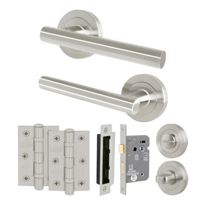 AFIT Satin Nickel Bathroom Door Handle Round Rose Kit, 1 Pair of Internal Lever Handles, Lock 64mm, Hinges - Olvera