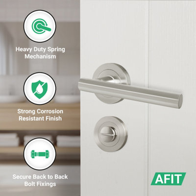 AFIT Satin Nickel Bathroom Door Handle Round Rose Kit, 1 Pair of Internal Lever Handles, Lock 64mm, Hinges - Olvera