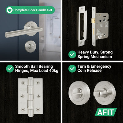 AFIT Satin Nickel Bathroom Door Handle Round Rose Kit, 1 Pair of Internal Lever Handles, Lock 64mm, Hinges - Olvera