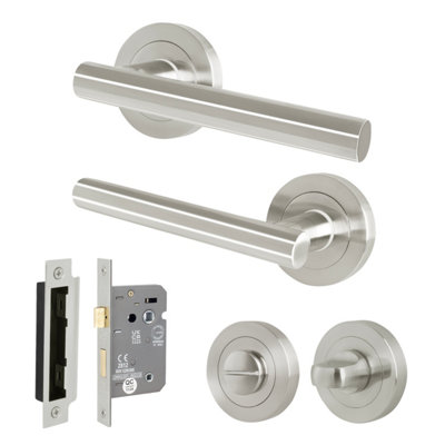 AFIT Satin Nickel Bathroom Door Handle Round Rose Kit, 1 Pair of Internal Lever Handles with Lock 64mm - Olvera