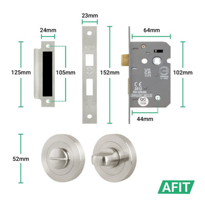 AFIT Satin Nickel Bathroom Door Handle Round Rose Kit, 1 Pair of Internal Lever Handles with Lock 64mm - Olvera