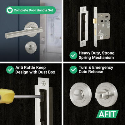 AFIT Satin Nickel Bathroom Door Handle Round Rose Kit, 1 Pair of Internal Lever Handles with Lock 64mm - Olvera