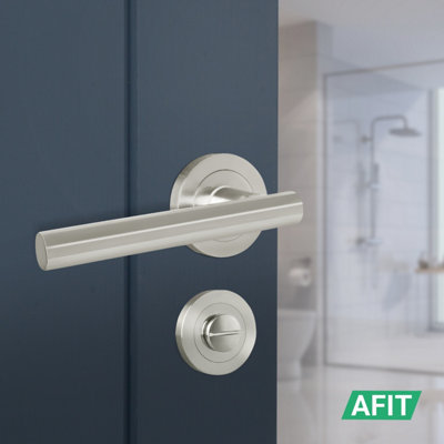 AFIT Satin Nickel Bathroom Door Handle Round Rose Kit, 1 Pair of Internal Lever Handles with Lock 64mm - Olvera