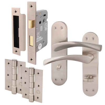 AFIT Satin Nickel Bathroom Door Handle Set - Door Handles, Lock (64mm) & Hinges (76mm) - Novi Backplate Range