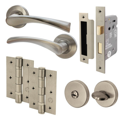 AFIT Satin Nickel Bathroom Door Handle Set - Door Handles, Lock (64mm), Hinges (76mm) & Thumbturn - Novi Range