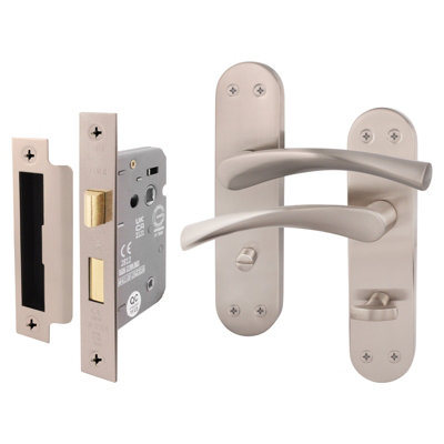 AFIT Satin Nickel Bathroom Door Handle Set - Includes Bathroom Door Handles & Lock (64mm) - Novi Backplate Range
