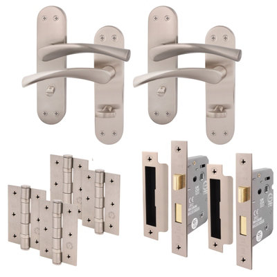 AFIT Satin Nickel Bathroom Door Handle Set - Pack 2 - Door Handles, Lock (64mm) & Hinges (76mm) - Novi Backplate Range