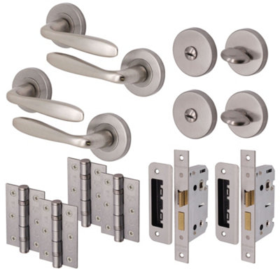 AFIT Satin Nickel Bathroom Door Handle Set - Pack 2 - Door Handles, Lock (64mm), Hinges (76mm) & Thumbturn - Santeau Range Price Comparisons | Compare The Build