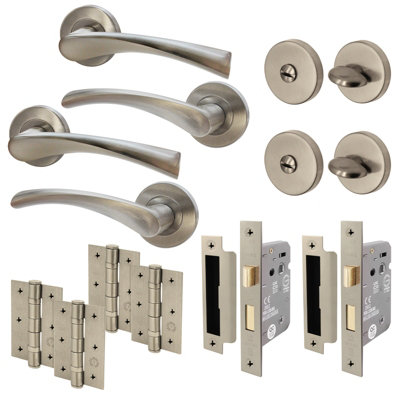 AFIT Satin Nickel Bathroom Door Handle Set - Pack 2 - Door Handles, Lock (64mm), Hinges (76mm) & Turn & Release - Novi Range