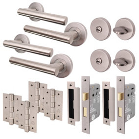 AFIT Satin Nickel Bathroom Door Handle Set - Pack of 2 - Lock & Hinges (76mm) Olvera Range