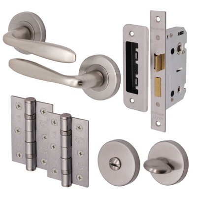 AFIT Satin Nickel Bathroom Door Handle Set Thumb Turn & Release Set 64mm Lock 76mm Hinges - Santeau Range