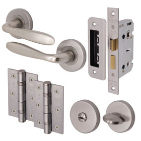 AFIT Satin Nickel Bathroom Door Handle Set Thumb Turn & Release Set 66mm Lock 76mm Hinges - Santeau Range
