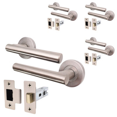 AFIT Satin Nickel Door Handle Latch Set - Pack of 4 Round T-Bar Internal Door Handles & Latch (64mm) Satin Lever on Rose Olvera