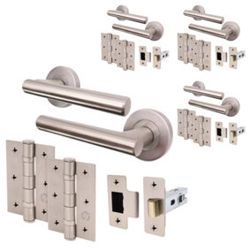 AFIT Satin Nickel Door Handle Latch set, Pack of 4 - Round T-Bar Internal Door Handles, Latch (66mm), Hinges (76mm) Satin Lever on
