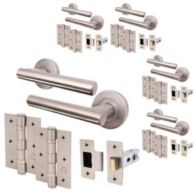AFIT Satin Nickel Door Handle Latch set, Pack of 5 - Round T-Bar Internal Door Handles, Latch (66mm), Hinges (76mm) Satin Lever
